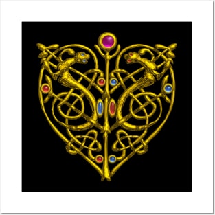 HYPER VALENTINE / GOLD CELTIC HEART WITH LIZARDS IN BLACK Posters and Art